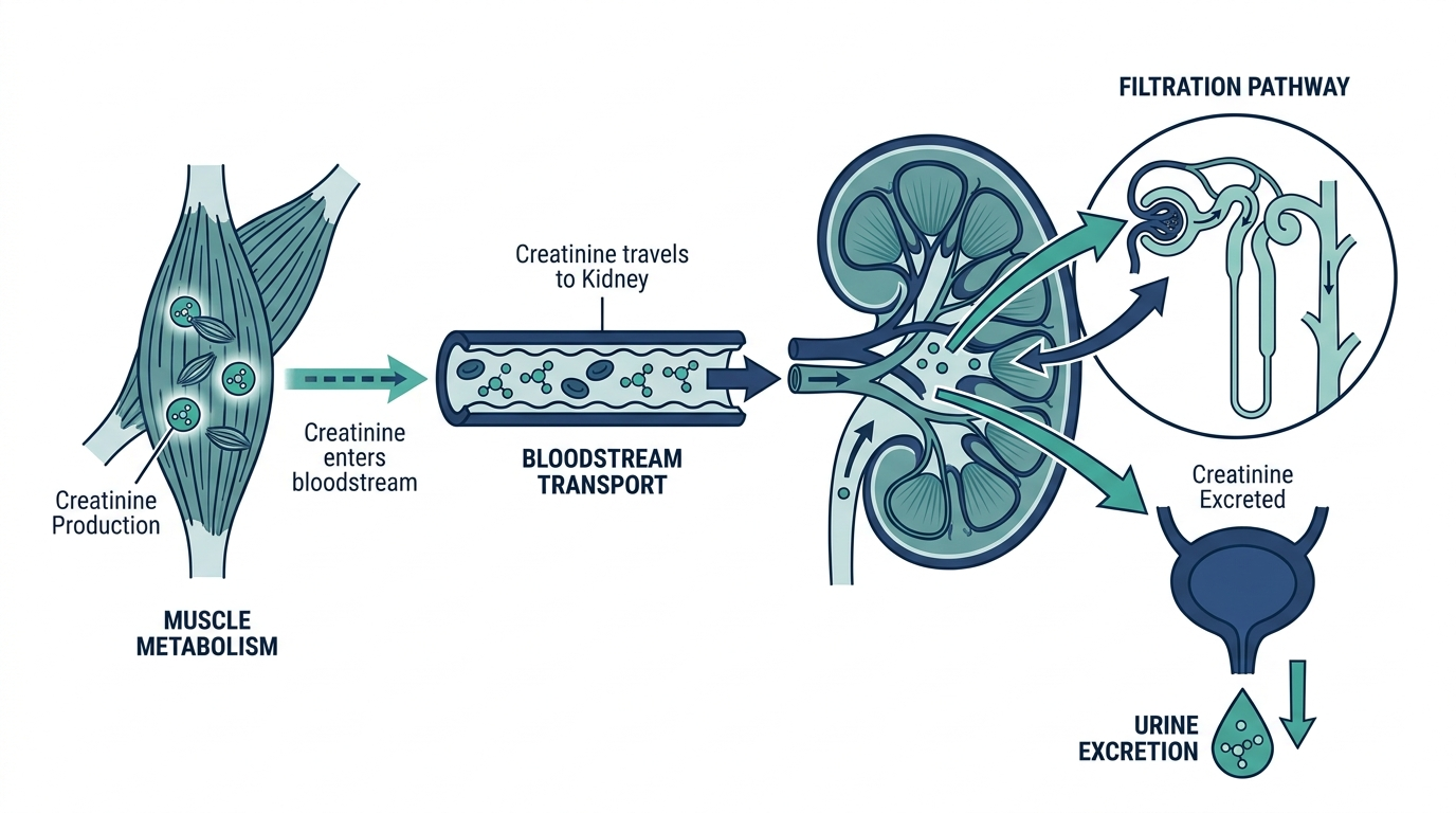 Diagram of creatinine produced by muscle metabolism and filtered out by the kidneys into urine