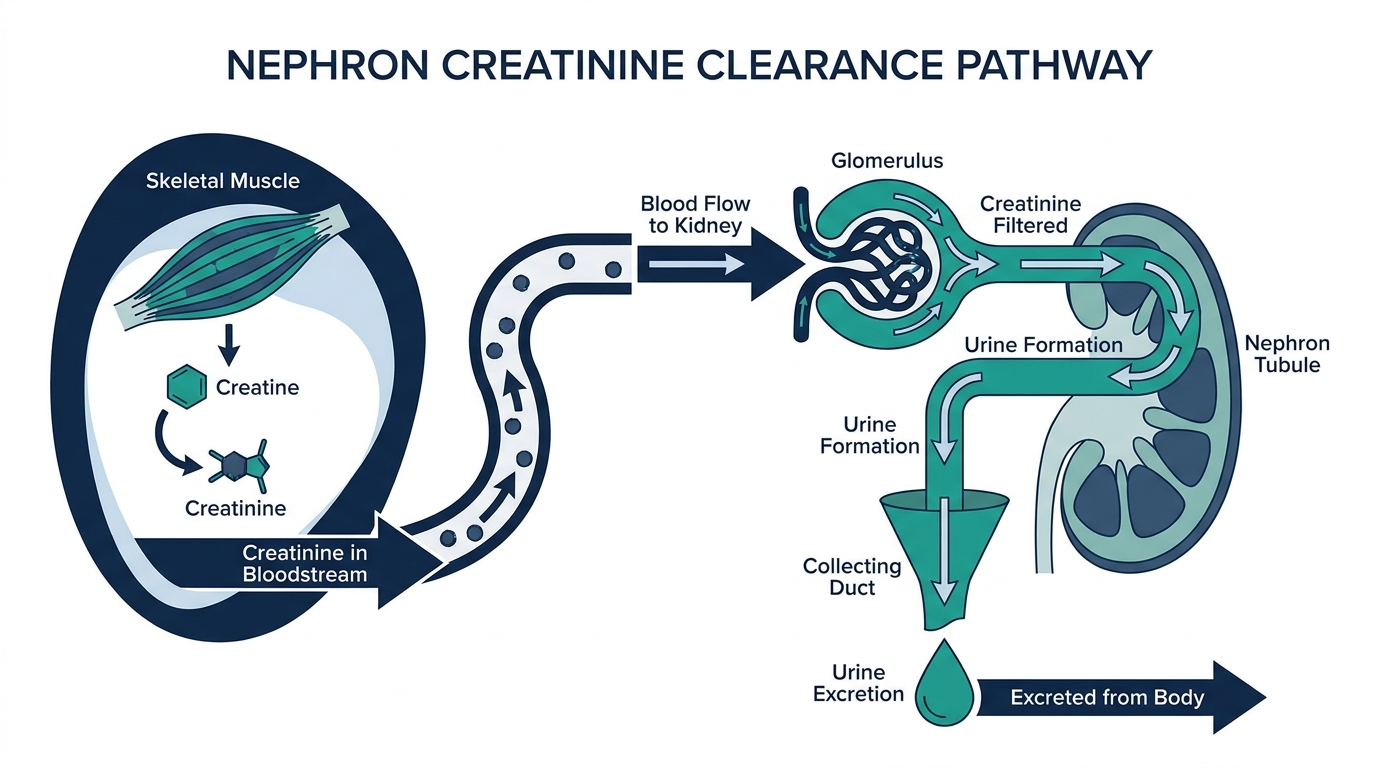 Diagram of the kidney nephron filtering creatinine from muscle metabolism out of the blood into urine