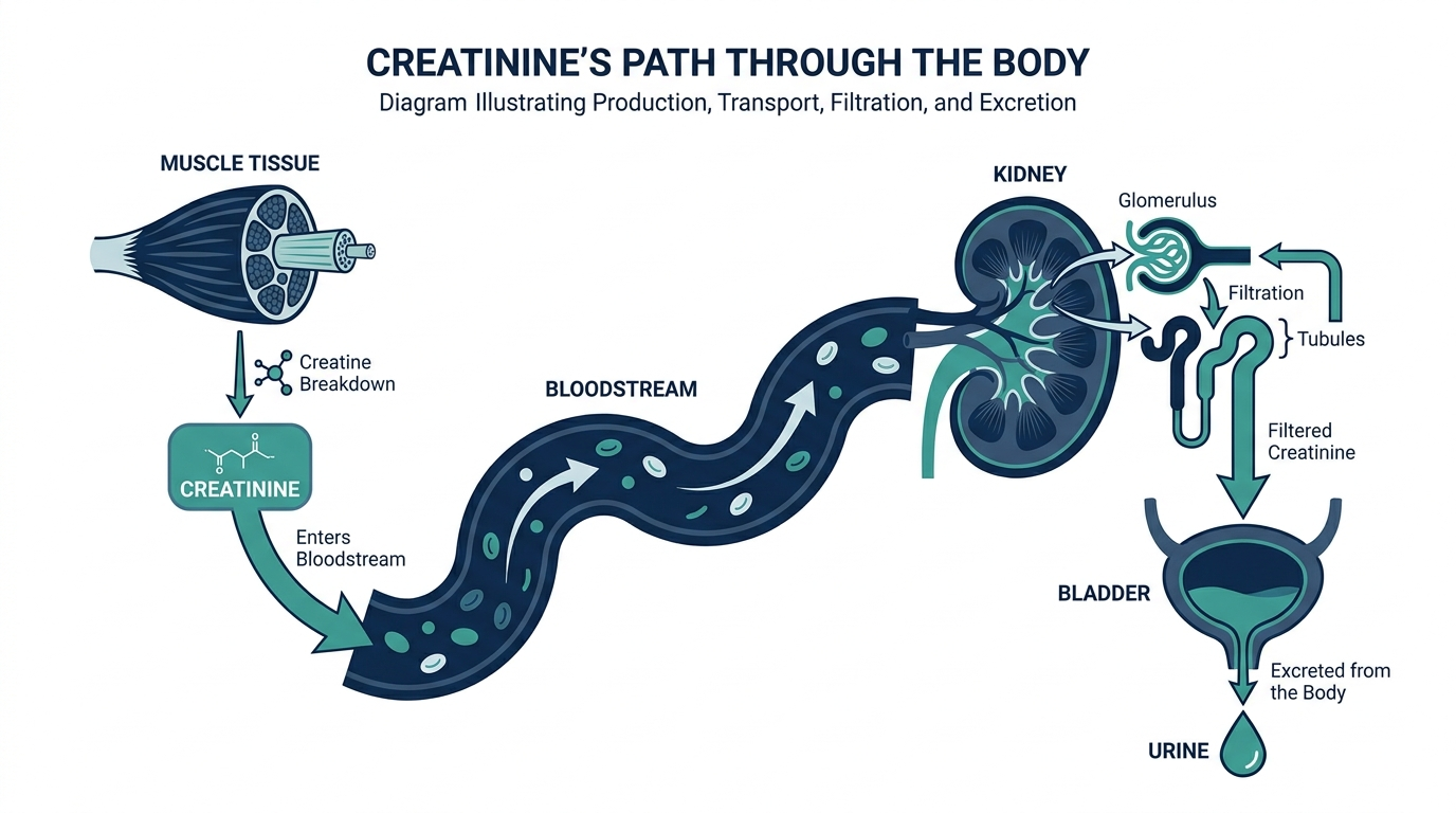 Diagram of creatinine's path from muscle tissue into the bloodstream, through kidney filtration, and out in urine