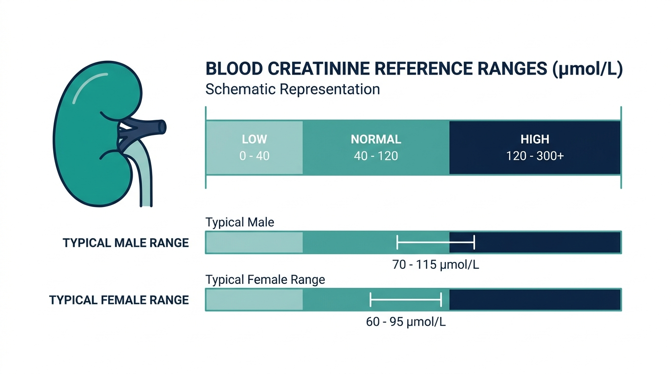 Schematic chart of blood creatinine reference bands from low to high, with separate male and female ranges