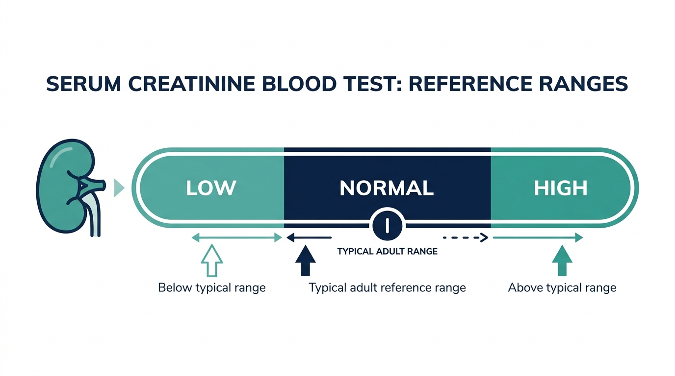 Schematic reference range chart showing low, normal, and high bands for serum creatinine blood test results