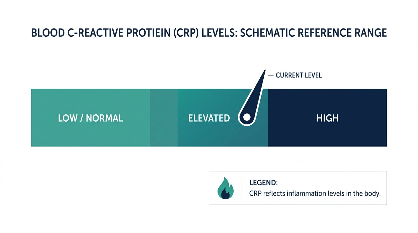 Schematic reference range chart showing low/normal, elevated, and high bands for blood CRP levels