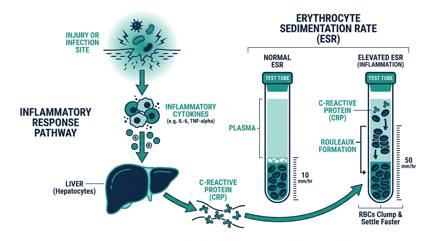 Diagram of the inflammatory pathway showing the liver producing CRP and red blood cells settling faster to reflect ESR