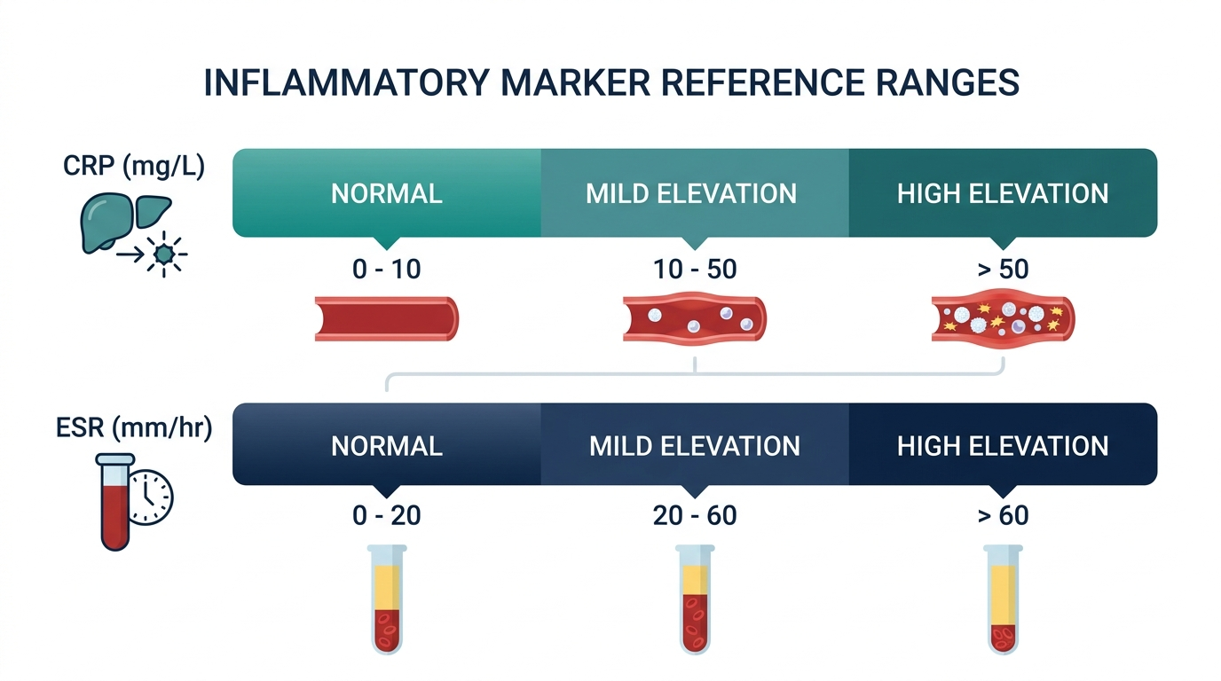 Comparison chart of reference-range bars for CRP in mg/L and ESR in mm/hr showing normal, mild, and high elevation bands