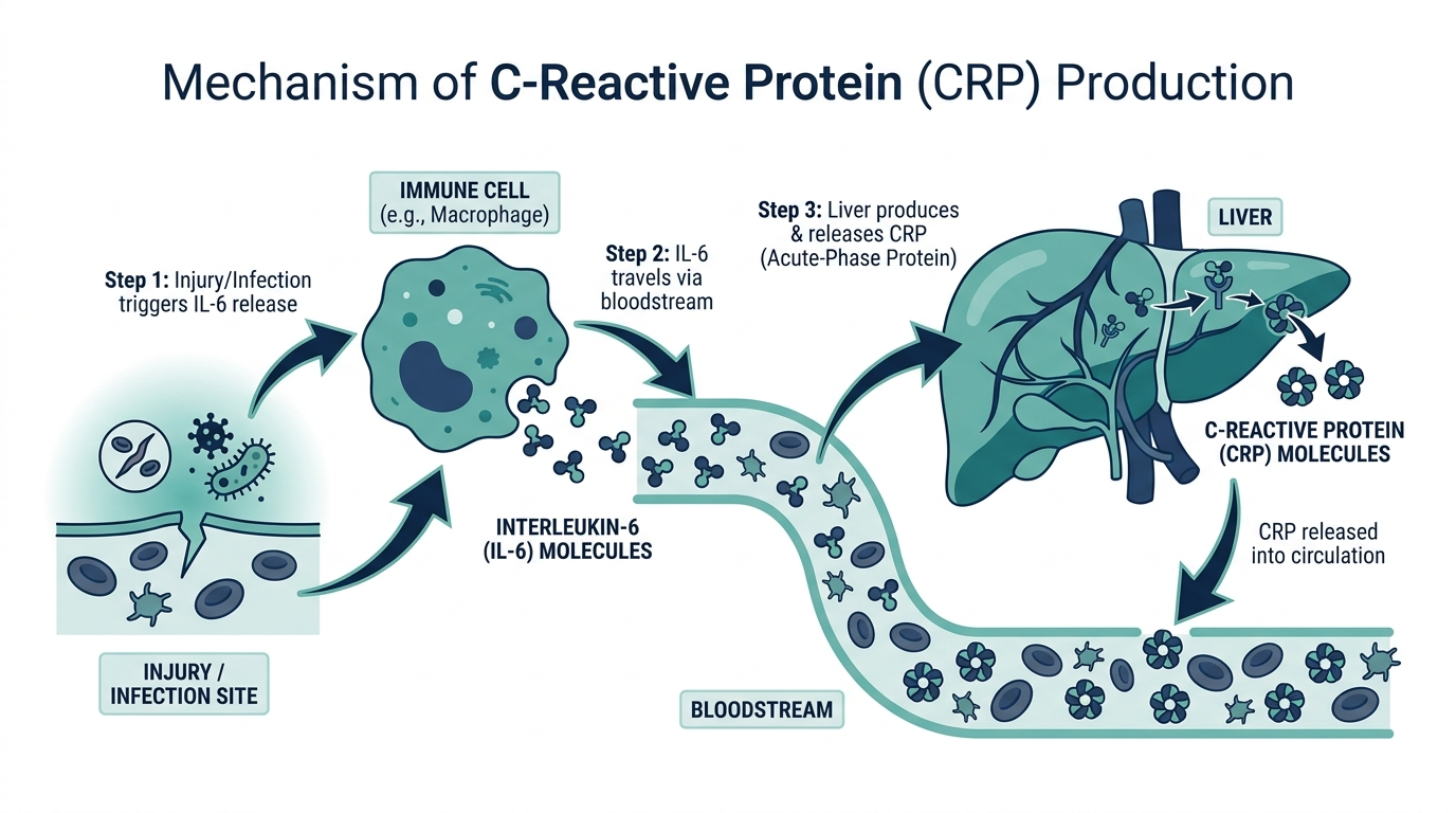 Diagram of C-reactive protein production showing injury triggering IL-6 release, which signals the liver to make CRP