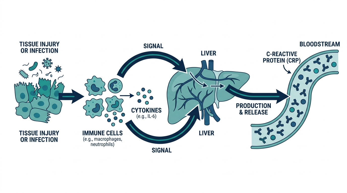 Diagram of the inflammation pathway showing immune cells releasing cytokines that signal the liver to produce CRP