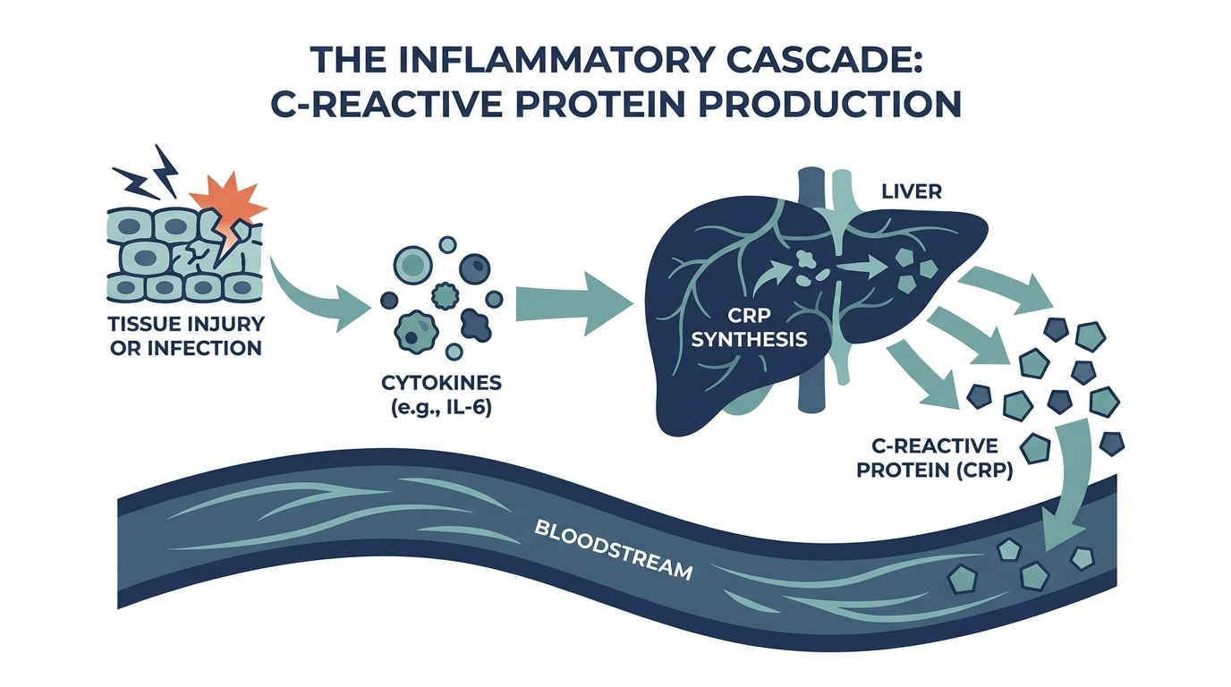Diagram of the inflammatory cascade from tissue injury to liver production of C-reactive protein