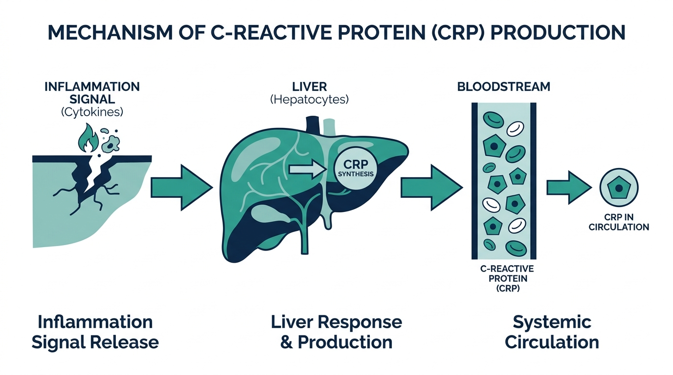 Diagram of the pathway from an inflammation signal to CRP production in the liver entering the bloodstream