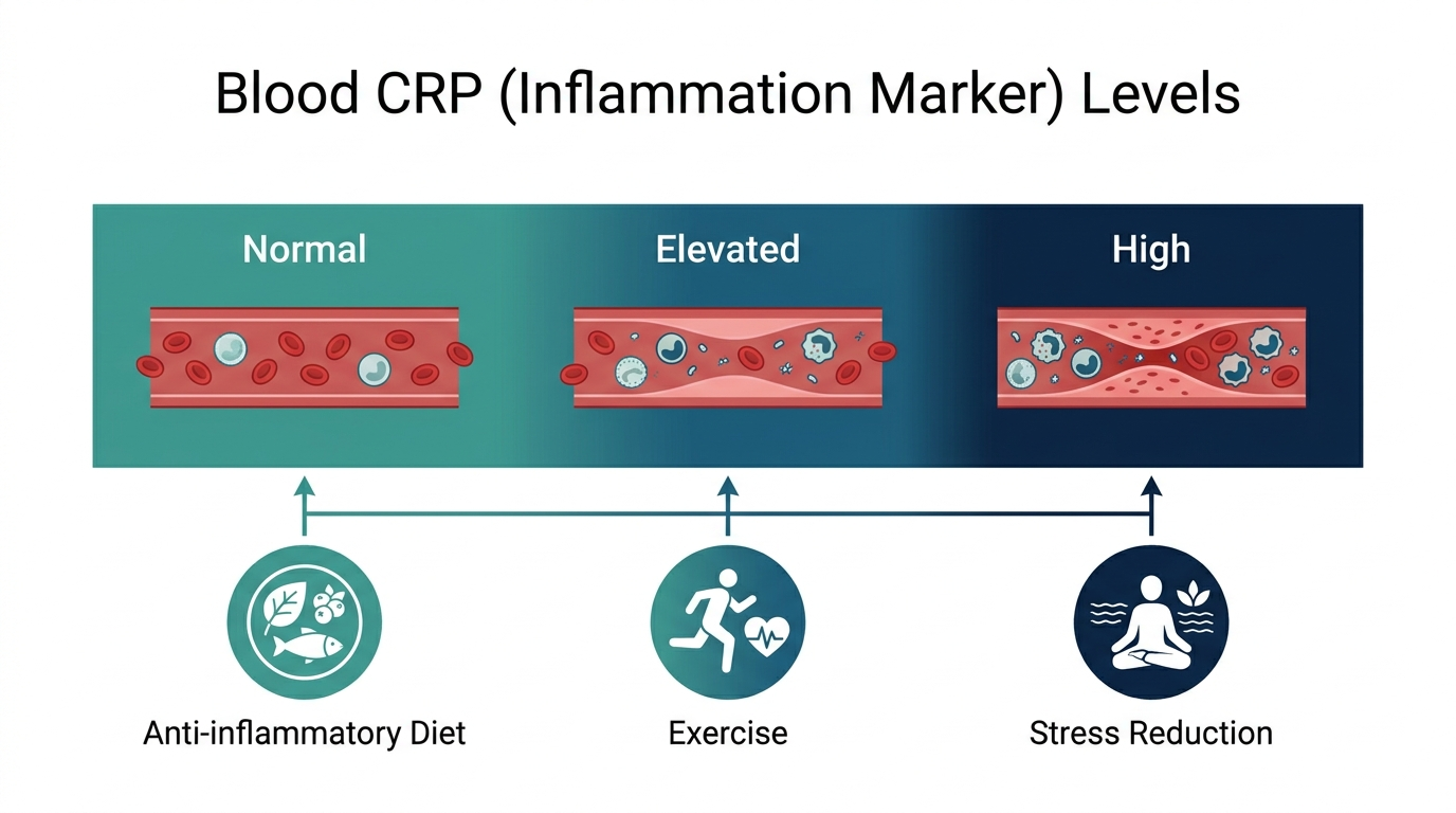 Schematic chart of normal, elevated, and high CRP bands with icons for anti-inflammatory diet, exercise, and stress reduction