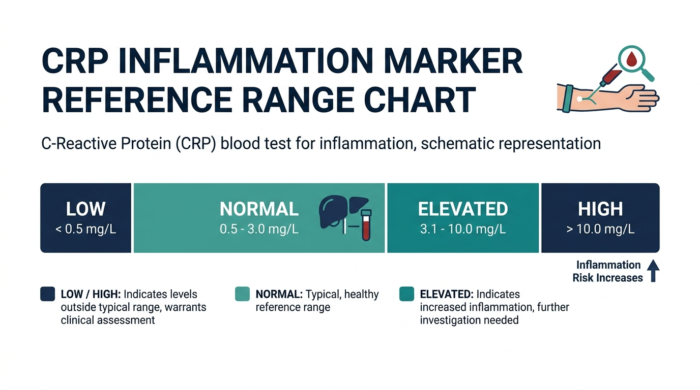 Reference range chart for CRP inflammation marker with low, normal, elevated, and high bands