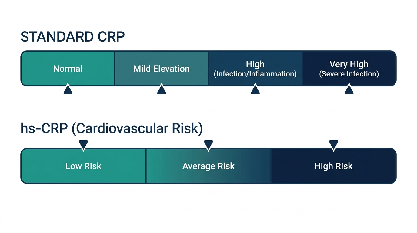 Schematic chart comparing standard CRP reference bands for infection with high-sensitivity CRP cardiovascular risk bands