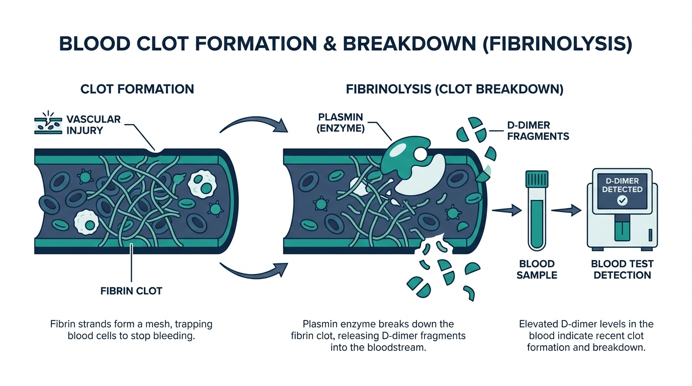 Diagram of a fibrin clot being broken down by plasmin, releasing D-dimer fragments into the bloodstream for detection