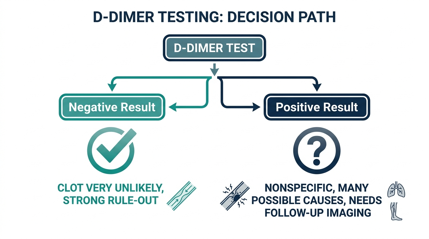 Decision flowchart showing a negative D-dimer result strongly ruling out a clot versus a positive result being nonspecific and needing follow-up