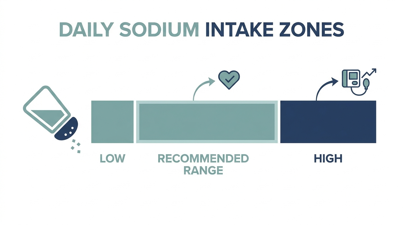 Schematic chart comparing low, recommended, and high daily sodium intake zones