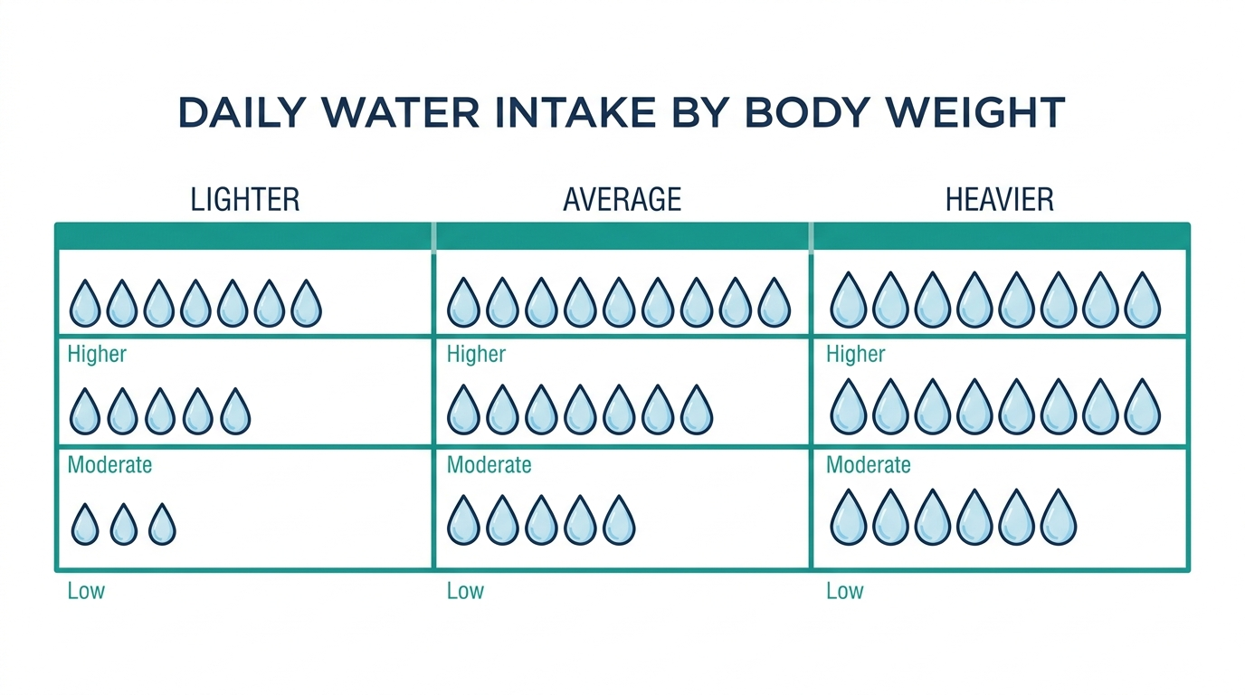 Schematic chart showing low, moderate, and higher daily water intake bands scaled by body weight category