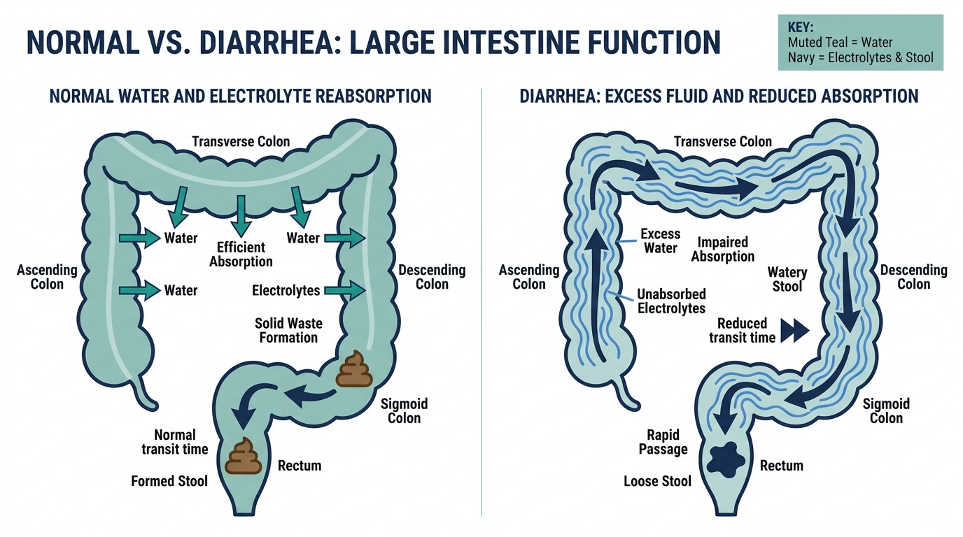 Anatomical diagram comparing normal colon water reabsorption to fluid loss during diarrhea