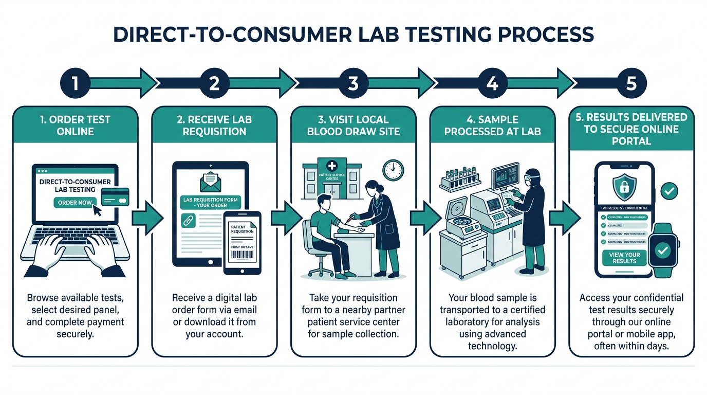 Flowchart of the direct-to-consumer lab testing process from online order to results portal