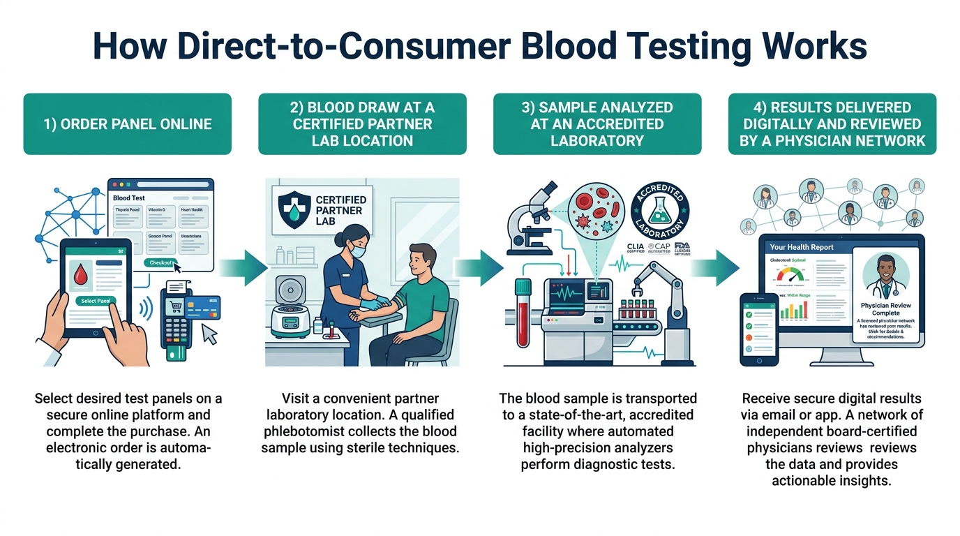 Four-step process flow diagram of how direct-to-consumer blood testing works