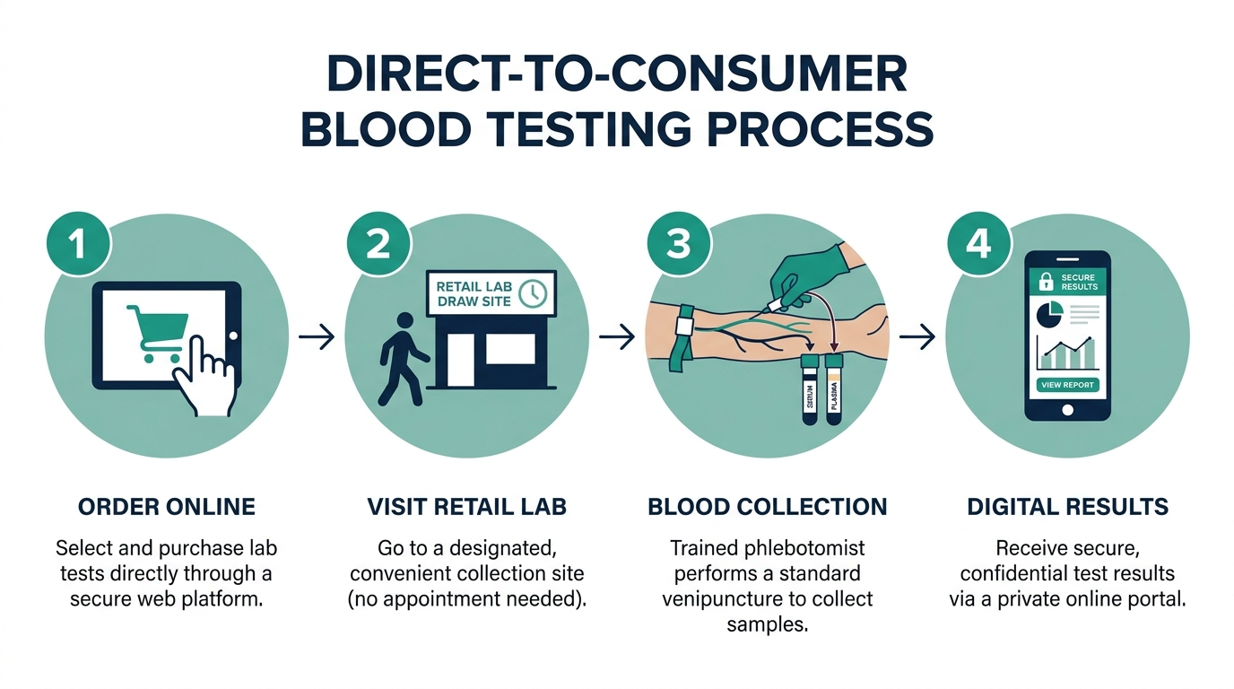 Step-by-step flowchart of the direct-to-consumer blood testing process from online order to receiving digital results