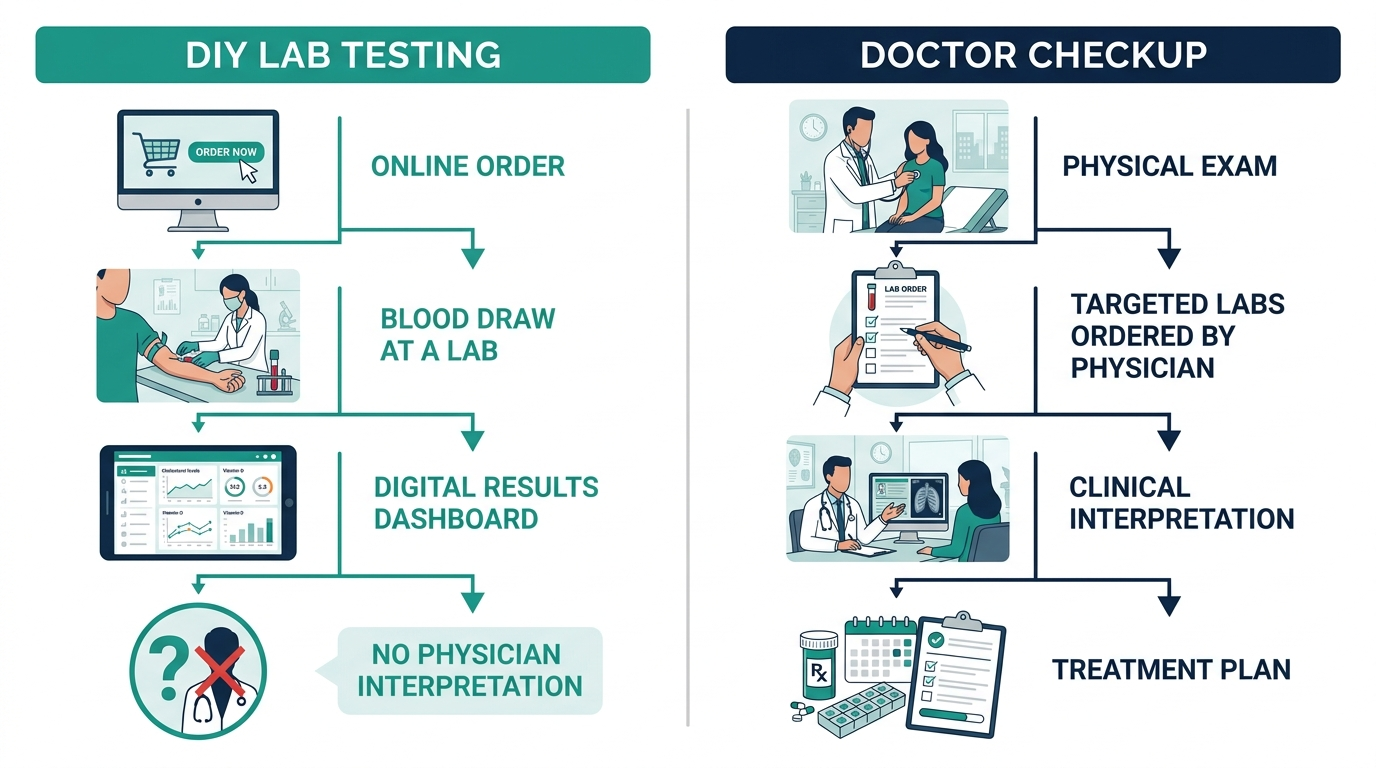 Workflow diagram comparing the DIY lab testing pathway with the traditional doctor checkup pathway