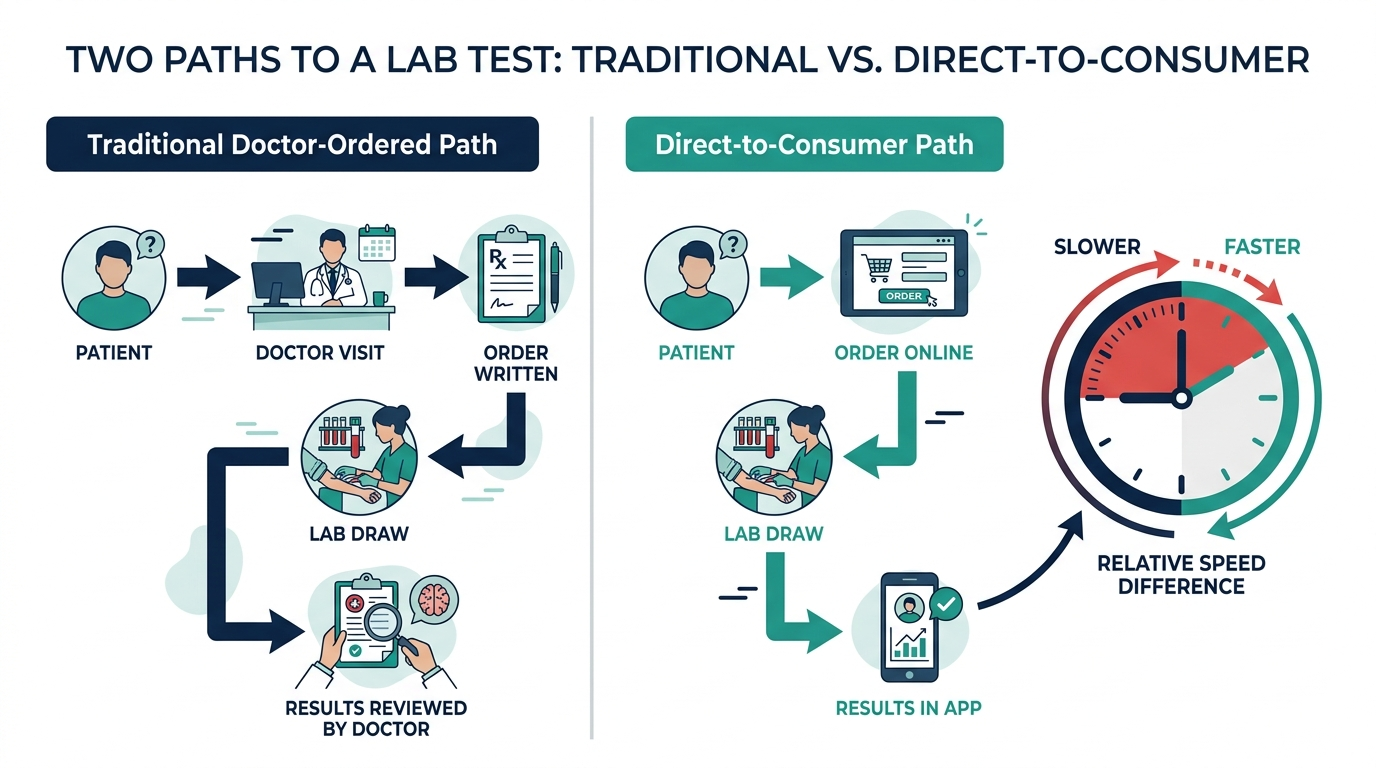 Chart comparing the traditional doctor-ordered lab testing path with the direct-to-consumer path