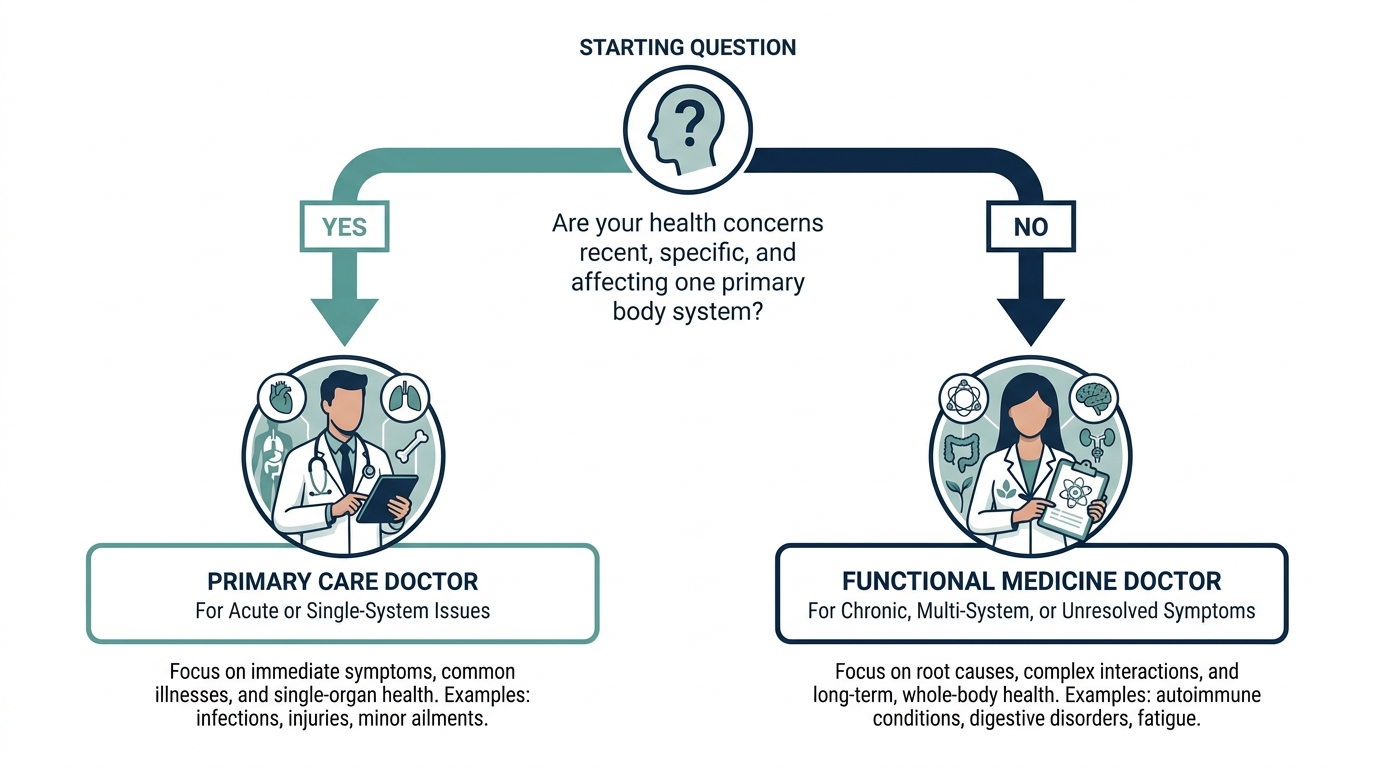 Decision flowchart branching to primary care doctor for acute issues or functional medicine doctor for chronic multi-system symptoms