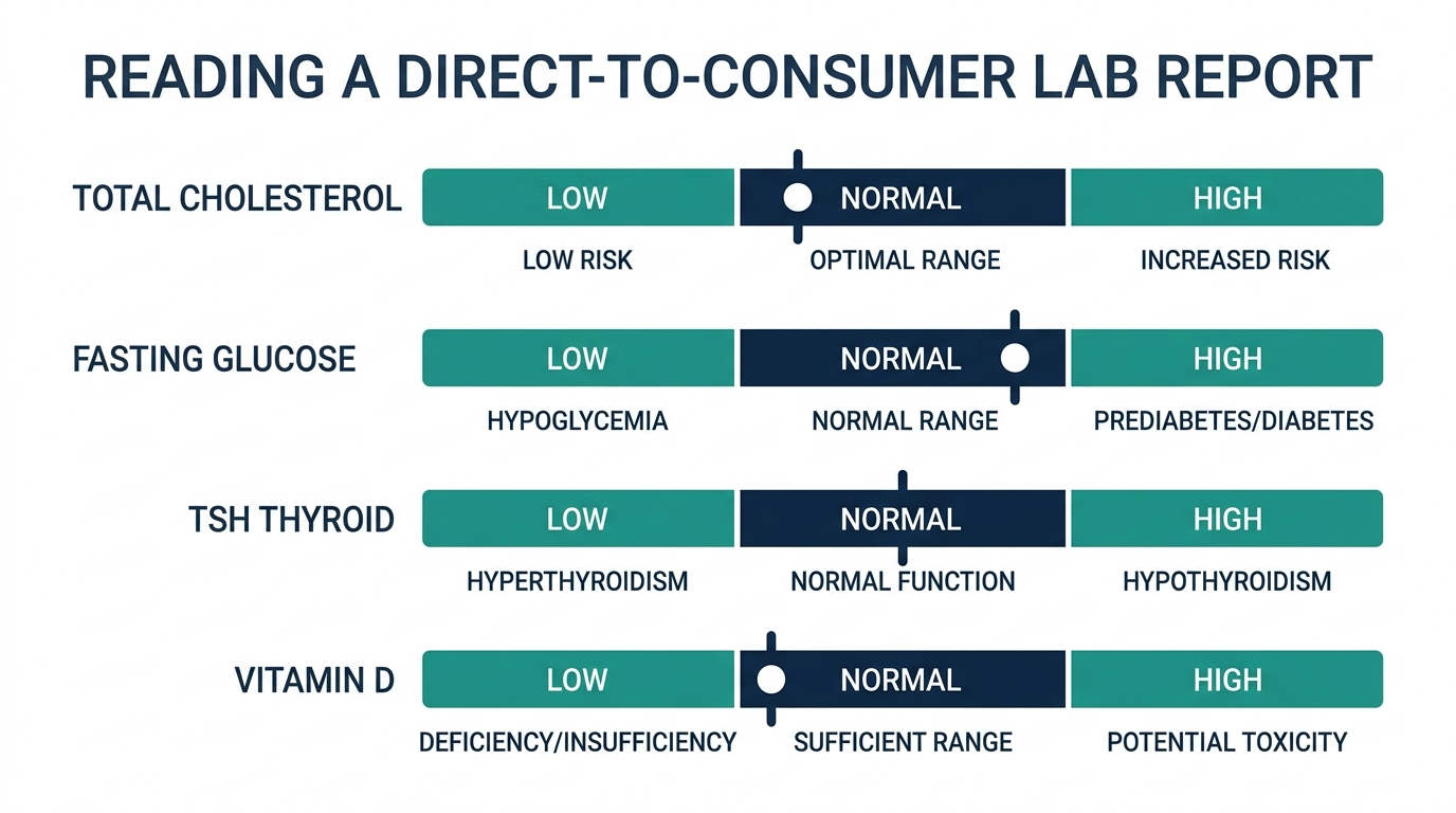 Schematic chart showing low, normal, and high reference bands for cholesterol, glucose, TSH, and vitamin D on a DTC lab report