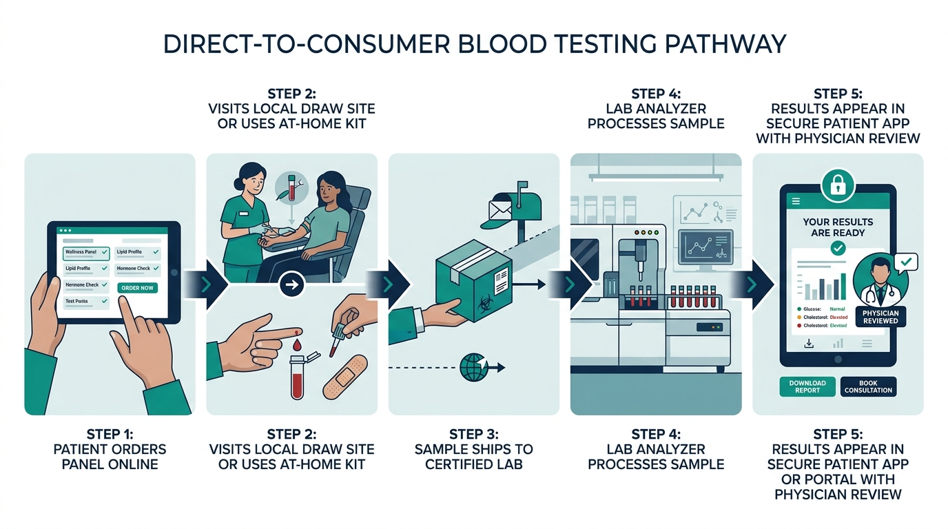 Five-step flow diagram of direct-to-consumer blood testing: order online, sample collection, lab processing, and results in a patient app