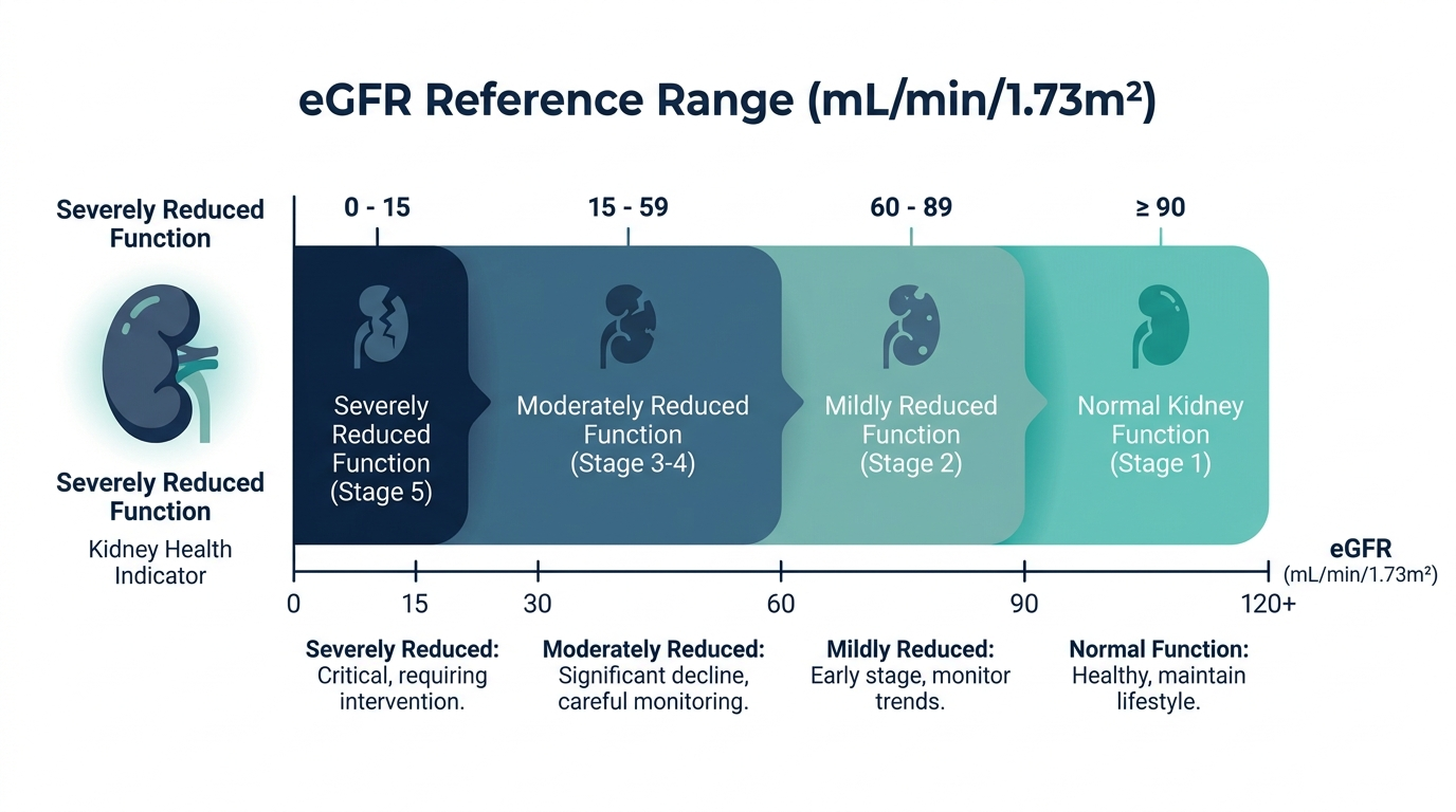 Reference range chart showing eGFR bands from normal to severely reduced kidney function