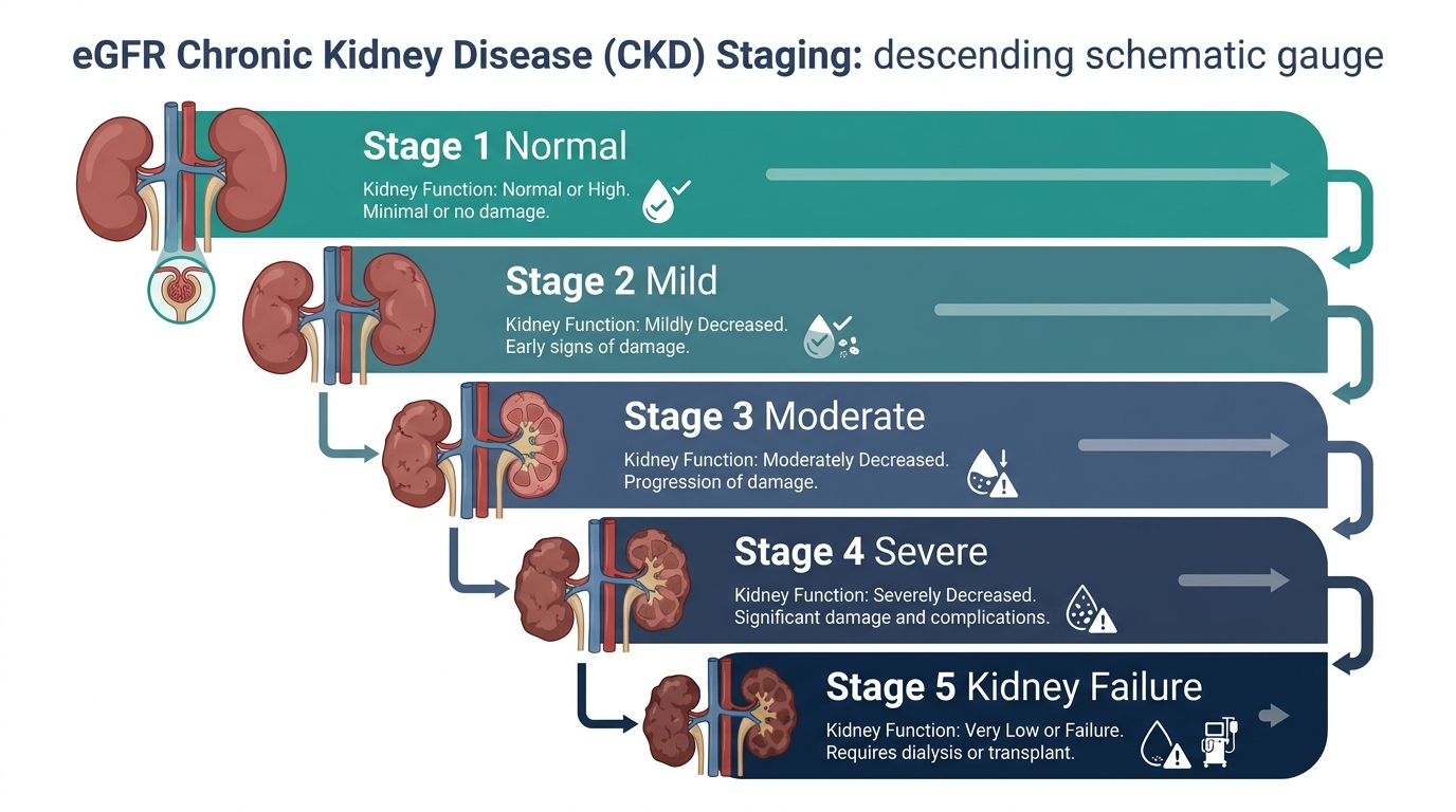 Schematic chart of eGFR chronic kidney disease stages from Stage 1 Normal to Stage 5 Kidney Failure
