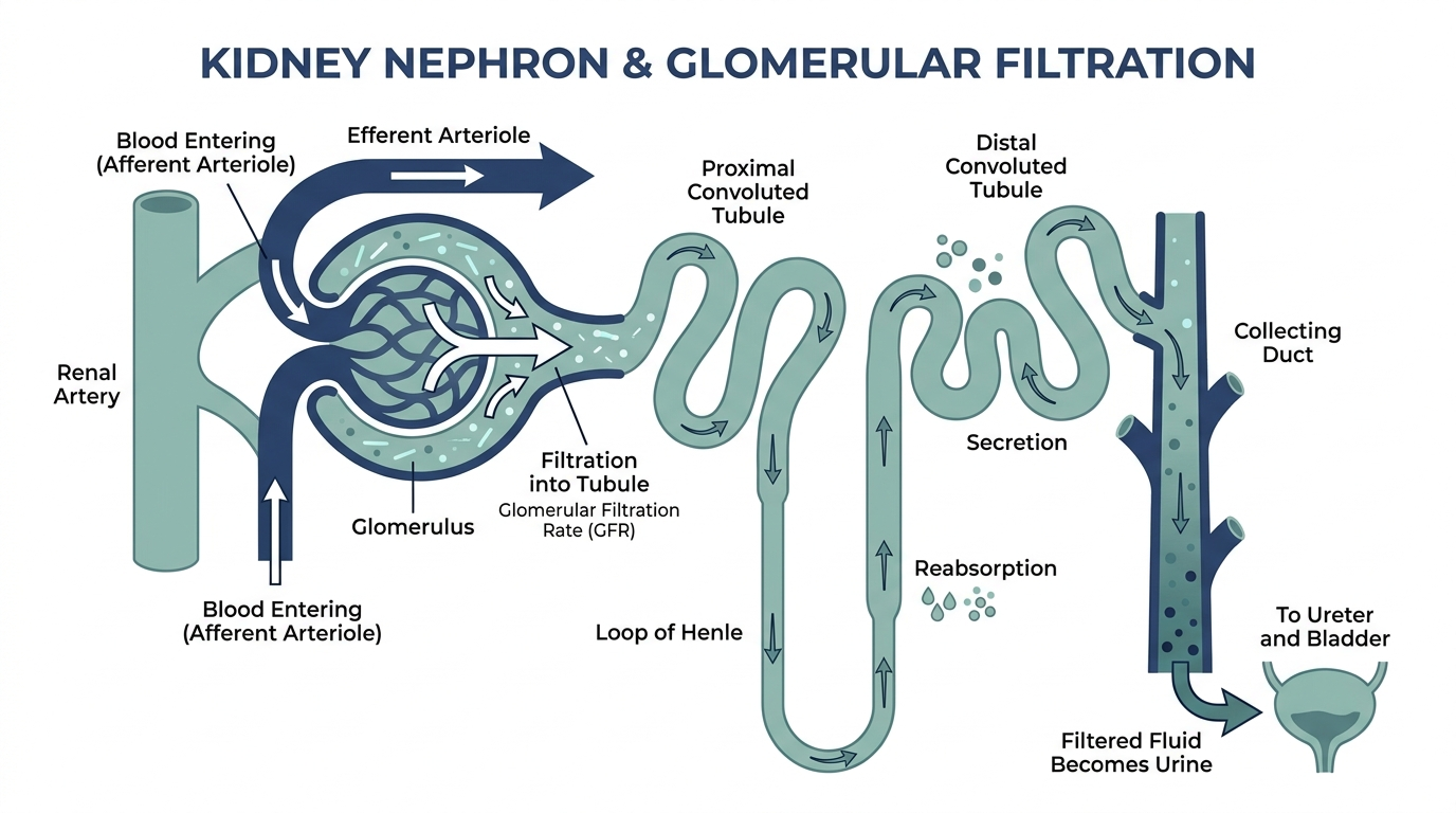 Diagram of kidney nephron and glomerulus showing blood filtration into urine