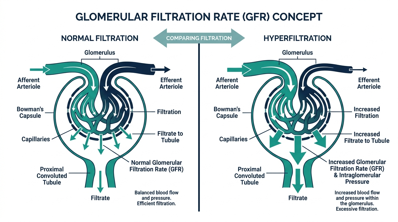 Cross-section diagram of a kidney nephron and glomerulus comparing normal blood filtration to hyperfiltration