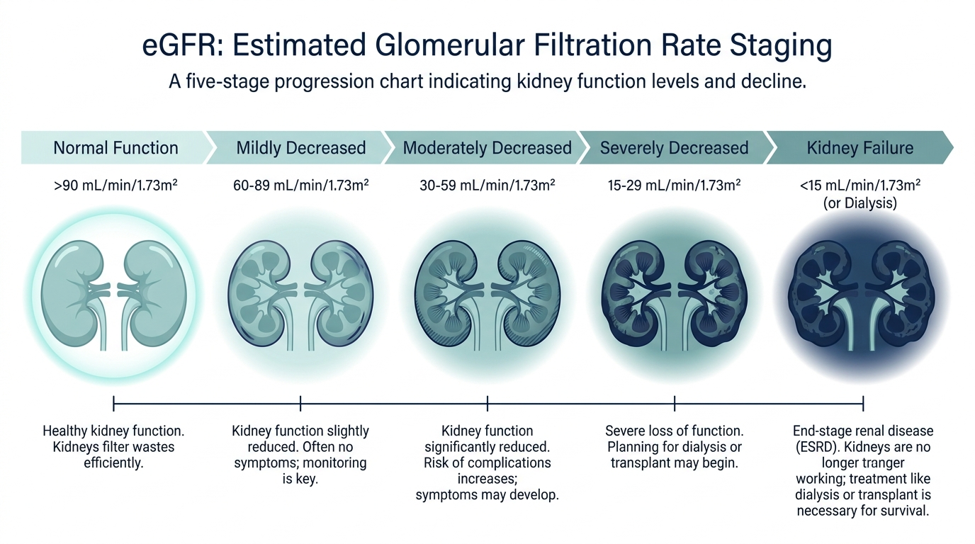 Chart showing five stages of eGFR kidney function from normal to kidney failure