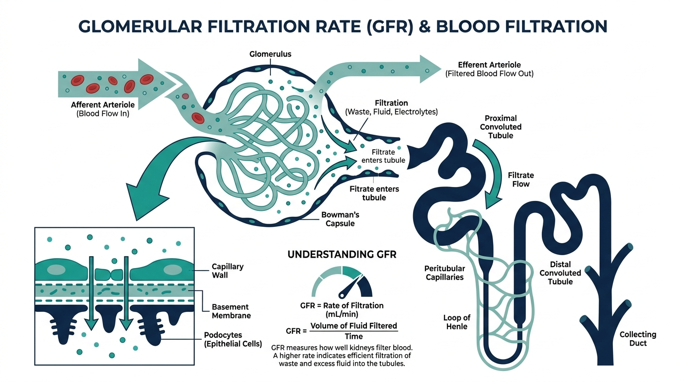 Diagram of a kidney nephron and glomerulus showing blood filtration that produces the glomerular filtration rate