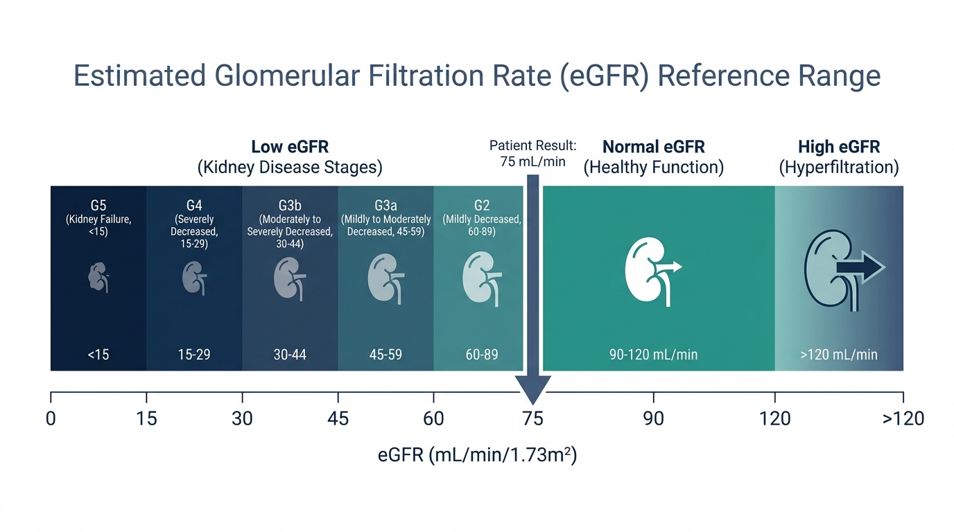 Reference range chart showing low, normal, and high bands for estimated Glomerular Filtration Rate in mL/min
