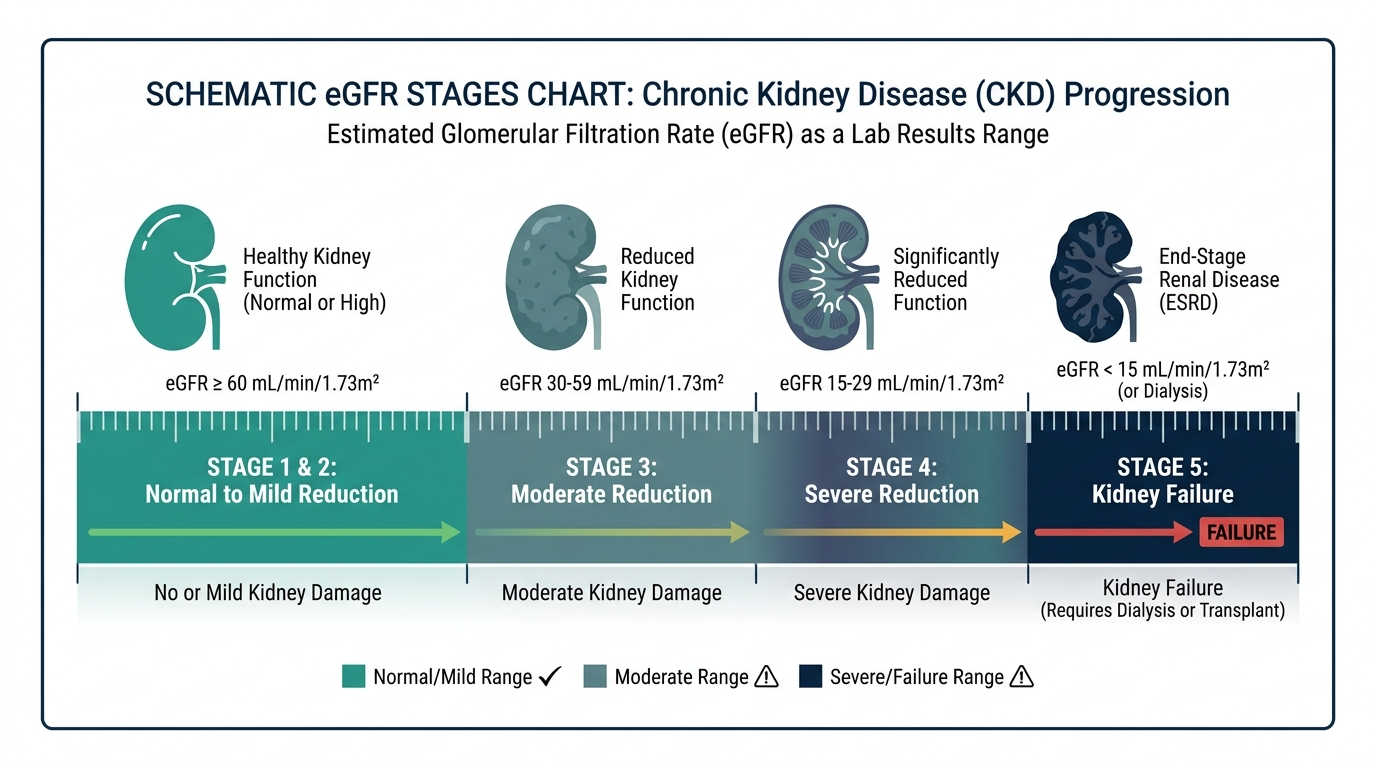Schematic chart of eGFR stages 1 through 5 showing normal to severe kidney function reduction
