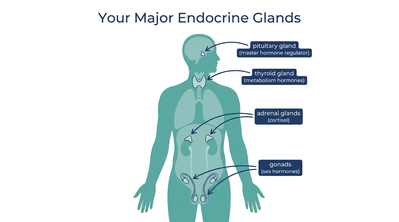 Body diagram labeling the major endocrine glands: pituitary, thyroid, adrenal, and gonads