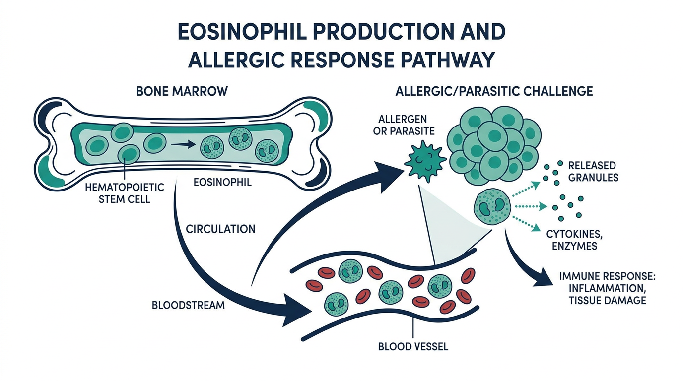 Diagram of bone marrow producing eosinophils that travel the bloodstream and release granules during an allergic response