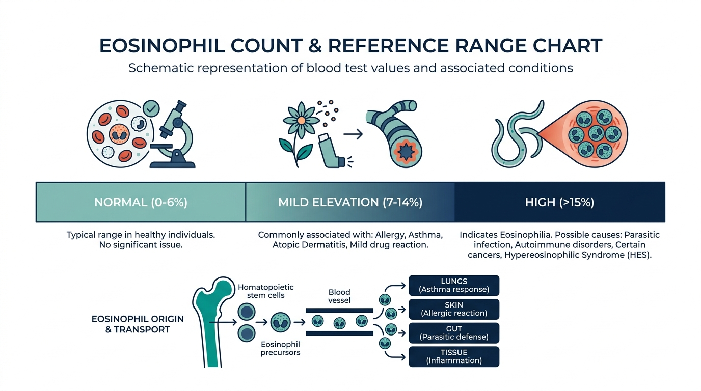 Reference range chart showing normal, mildly elevated, and high eosinophil count bands with associated causes