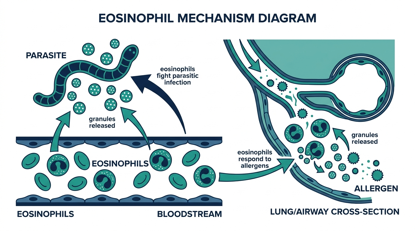Diagram of eosinophil white blood cells responding to allergens in the airway and releasing granules to fight a parasite