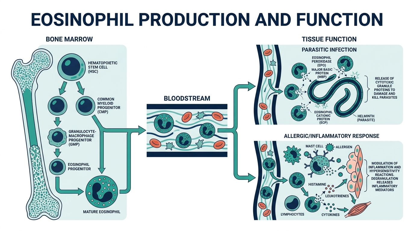 Diagram of eosinophil production in bone marrow and their role fighting parasites and allergic inflammation