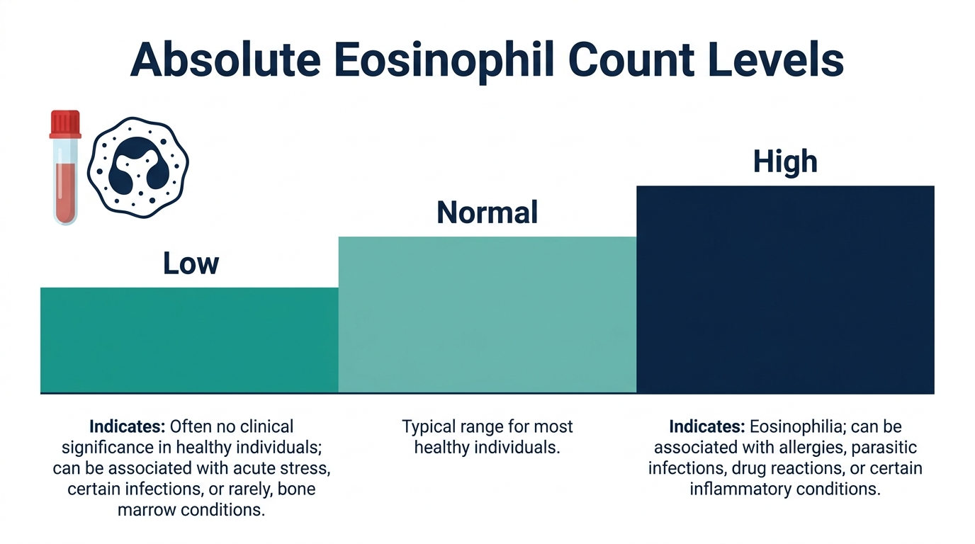 Schematic chart showing low, normal, and high absolute eosinophil count reference bands