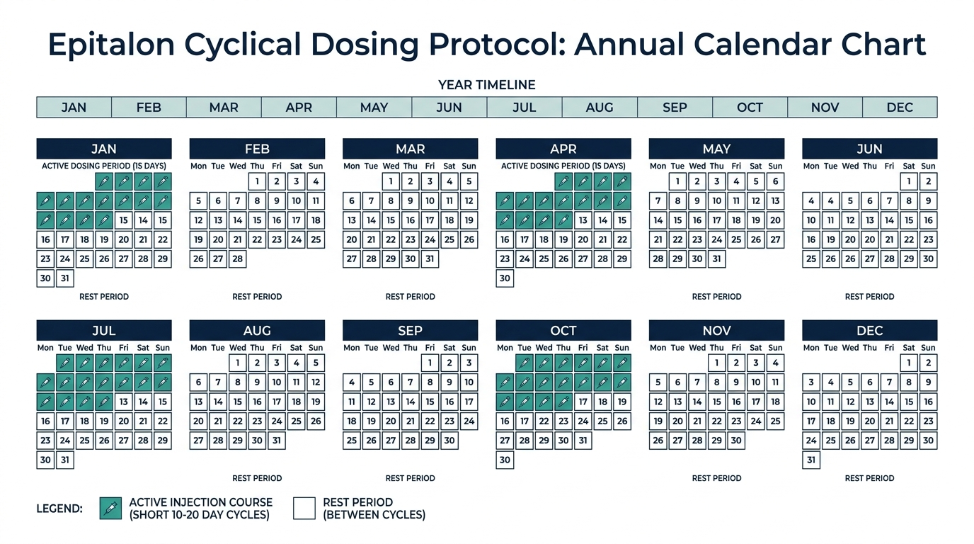 Schematic calendar chart showing Epitalon cyclical dosing courses with active injection periods and rest periods across a year