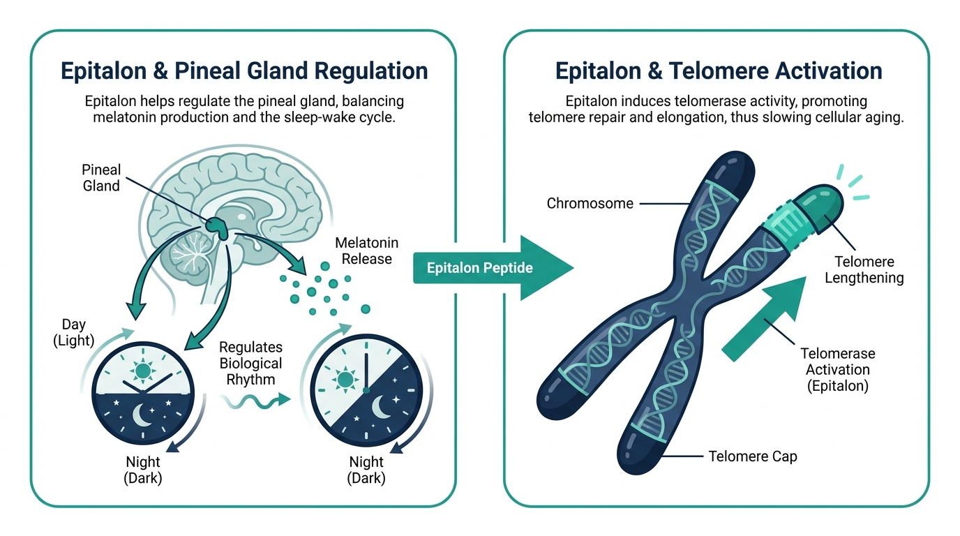 Diagram of Epitalon peptide mechanism showing pineal gland melatonin regulation and telomerase activation lengthening telomeres