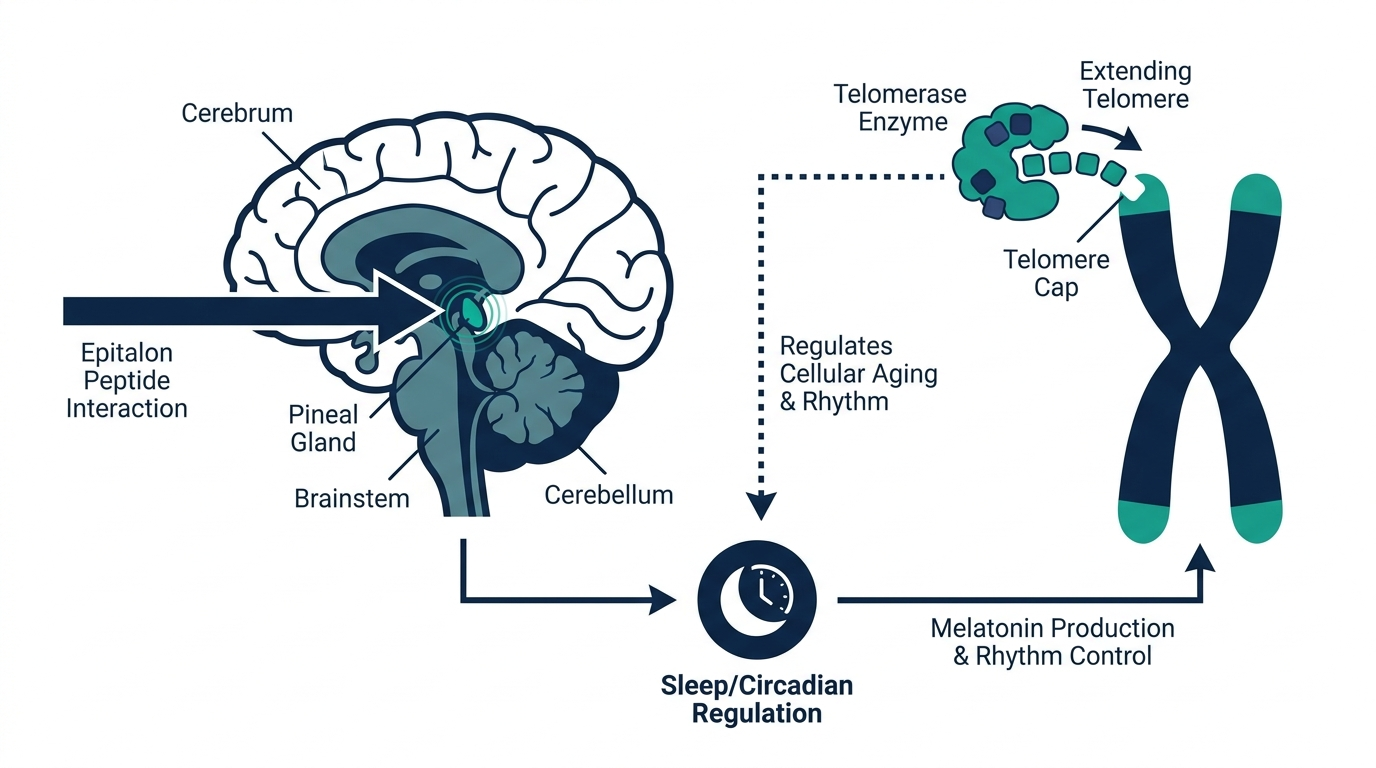 Diagram of Epitalon peptide interaction with the pineal gland and a chromosome telomere being extended by telomerase