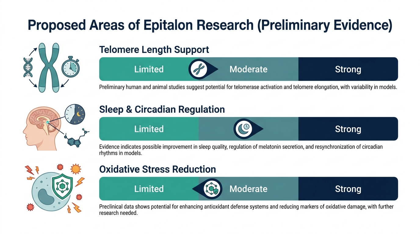 Schematic chart of proposed Epitalon research areas with preliminary evidence strength bands