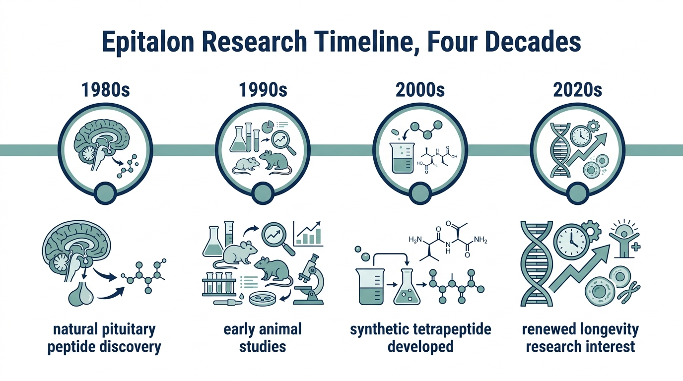 Timeline chart of Epitalon research milestones spanning four decades from the 1980s to 2020s