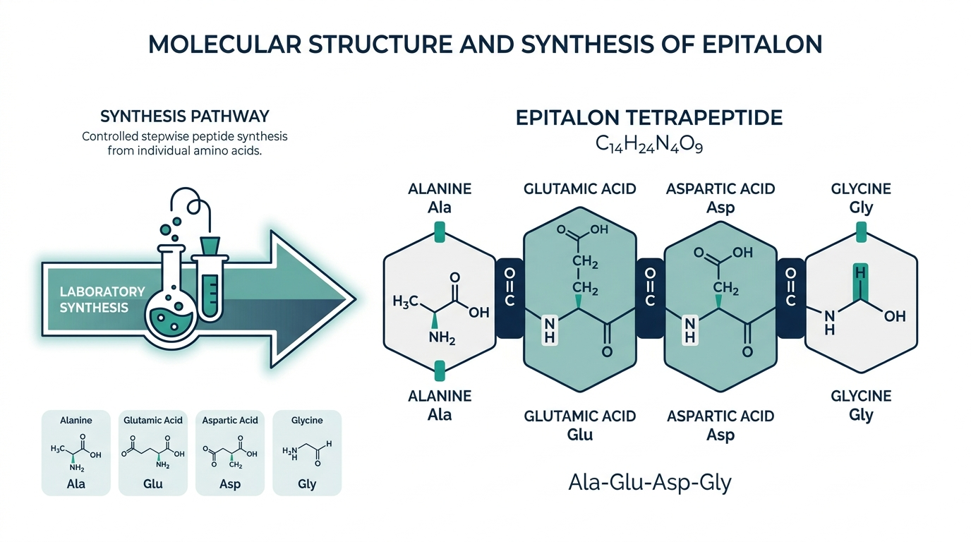Molecular diagram of the Epitalon tetrapeptide structure made of four linked amino acids