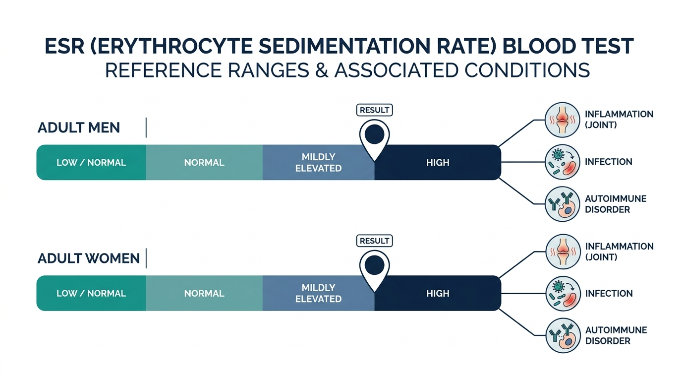 Schematic chart showing ESR reference range bands from low/normal to high, with common causes of elevated ESR
