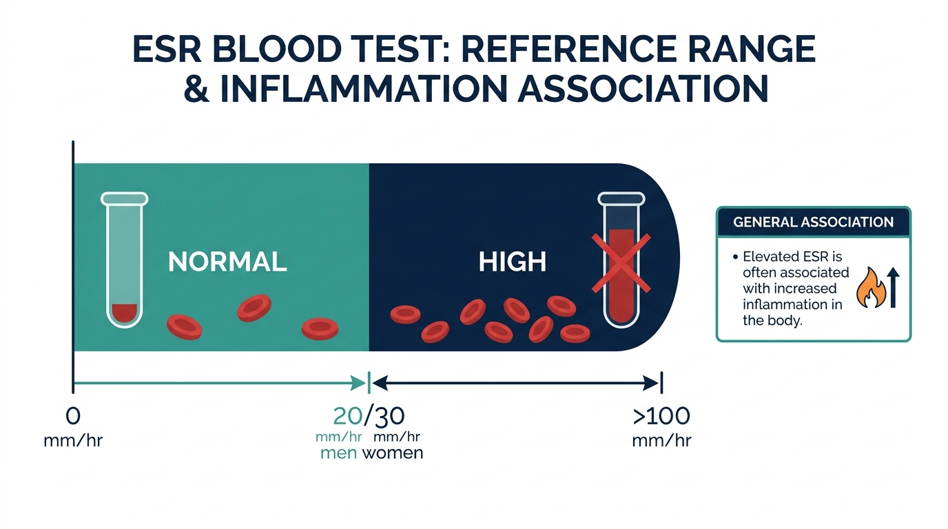 Schematic reference range chart for ESR showing normal and high bands associated with inflammation